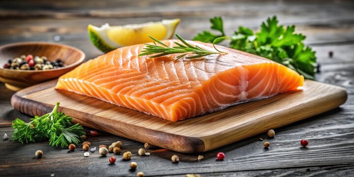 Pav? de saumon frais pos? sur une planche ? d?couper en bois , saumon, pav?, frais, planche ? d?couper, bois, cuisine