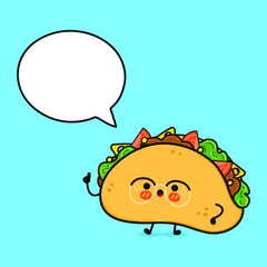 Taco with speech bubble. Vector hand drawn cartoon kawaii character illustration icon. Isolated on blue background. Taco character concept