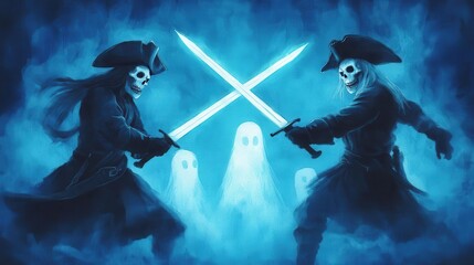 A thrilling battle between two ghostly pirates wielding glowing swords in a mysterious blue mist.