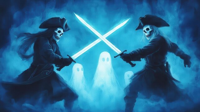 A thrilling battle between two ghostly pirates wielding glowing swords in a mysterious blue mist.