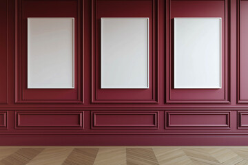 Three empty single frames on a beautiful burgundy wall, wooden floor. Minimalistic room design. High quality interior. Advertising banner.