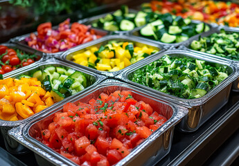 Colorful variety of chopped vegetables in trays at a market. Fresh chopped vegetables like tomatoes, cucumbers, and peppers displayed in trays at a vibrant market setting for shoppers to enjoy.
