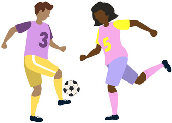 Soccer players kicking ball character boy and girl, flat cartoon vector illustration isolated on white background. Soccer or football game players collection.