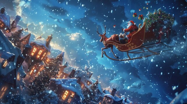 Claus soars through the night sky in his sleigh, pulled by reindeer, gliding over a charming, snow-dusted village adorned with twinkling lights