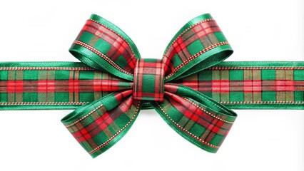 Green-red plaid ribbon and bow ribbon isolated on background, perfect for Christmas and birthday designs, plaid, ribbon, bow