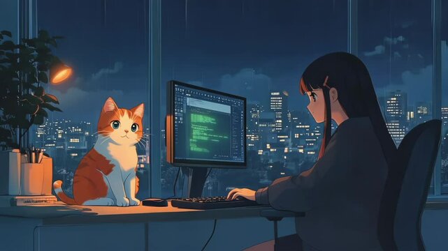 An anime girl typing at a desk in a cozy, dimly lit room with a cat on the table. 4K lofi animation, AI-created and manually enhanced.