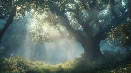 Fototapeta premium Sunbeams Filtering Through Dense Forest Canopy