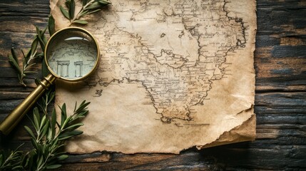 An antique map lies elegantly on a wooden surface. A magnifying glass rests nearby, enhancing exploration. Nature elements add charm and a timeless feel. Perfect for history or adventure themes. AI