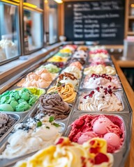 Fototapeta premium Gourmet Artisan Ice Cream Display with Unique Toppings and Exotic Flavors, Copy Space