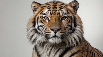 Fototapeta premium A close-up view of a majestic tiger showcasing its vibrant fur and piercing gaze against a plain background, highlighting the beauty of this powerful feline