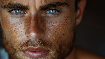 Obraz premium A close-up of a male model's face, highlighting his natural, flawless skin as he poses with a fierce expression. Shot with Canon lens