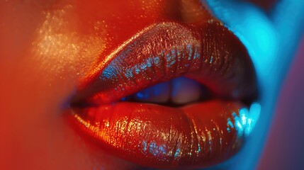 A close-up shot of a female model's lips and detailed makeup, highlighting the vibrant colors and precision. Shot with Canon lens