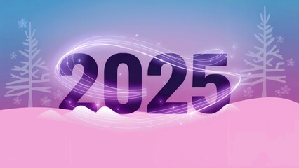 2025 New Year greeting card with winter landscape, trees, snow. Festive illustration. Celebration concept. For New Year and Christmas greeting card, poster, banner