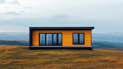 Fototapeta premium Modern house design on a hillside, surrounded by natural landscape, featuring large windows and a sleek wooden facade.