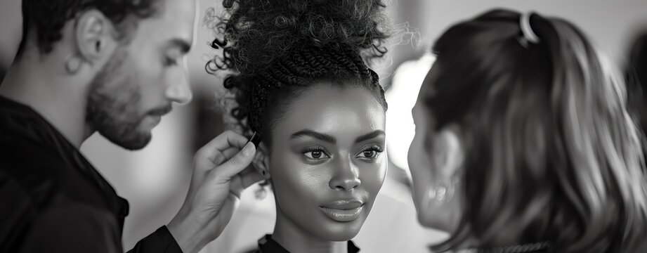 Behind-the-scenes image of stylists adjusting a model's outfit before she steps onto the runway. Shot with Fuji lens