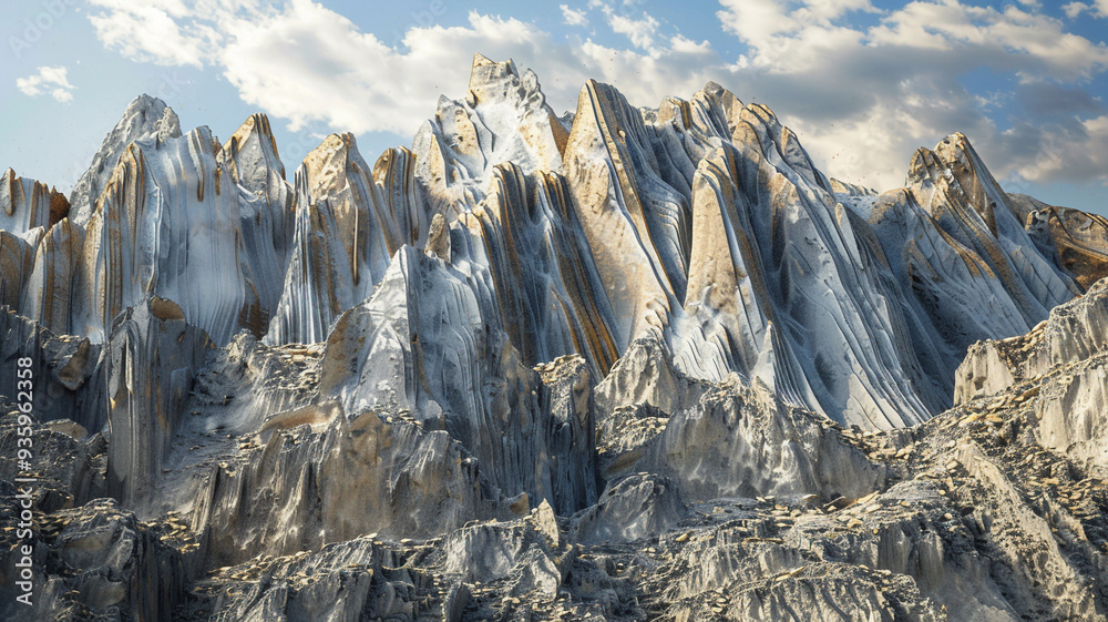 Wall mural highlight the rugged beauty of an erosional mountain with jagged, serrated edges