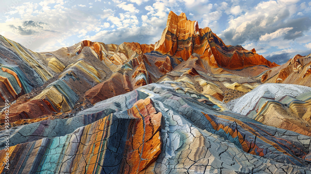 Canvas Prints Portray an eroded mountain with a mosaic of colorful sedimentary layers