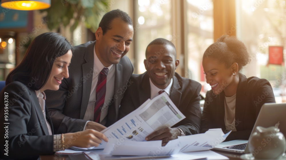 Aufkleber four colleagues gather around a table, smiling and engaged as they discuss documents. the warm light