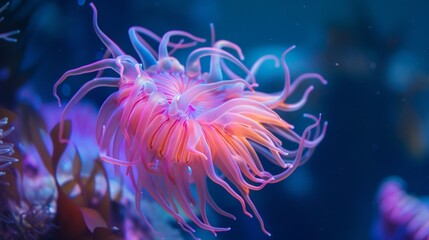 Obraz premium Close-up of a Pink Sea Anemone in a Blue Ocean