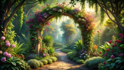 Fototapeta premium Secret fairytale garden with flower arches and tropical forest, enchanted, magical, whimsical, dreamy, ethereal, serene