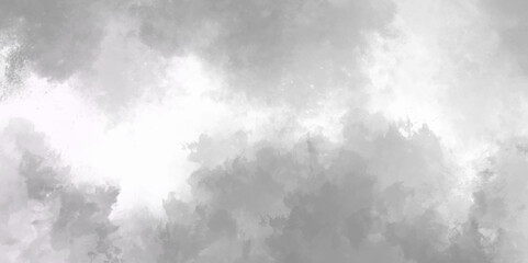 Abstract white and gray isolated cloud cumulus clouds. Gray aquarelle painted realistic fog or mist smoky textured canvas design. White and ash messy wall stucco texture background.