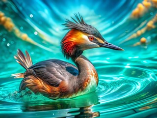"Dramatic tilted shot of a 3D robotic grebe animal with vibrant iridescent feathers, lobed feet, and sleek metallic body, diving into turquoise water with ripples and bubbles."