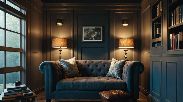 Video footage of  cozy and well appointed reading home library, room is illuminated by warm lighting from two wall mounted lamp