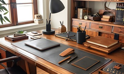 Naklejka premium Workspace home office desk supplies on office workplace. 