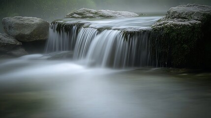 Obraz premium Tranquil Waterfall Cascading Over Mossy Rocks In Misty Forest