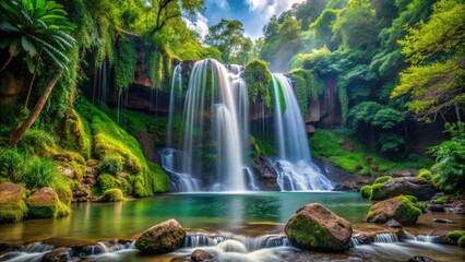 Obraz premium Beautiful waterfall surrounded by lush greenery and rocks , Heo Suwat, waterfall, nature, landscape, Thailand, tropical