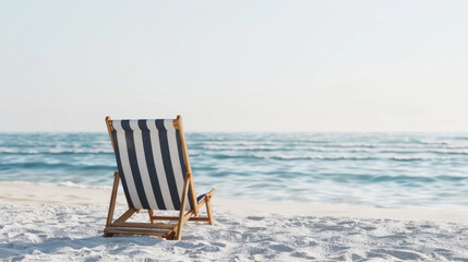 A beach chair with striped fabric sits on the seashore against a white backdrop.