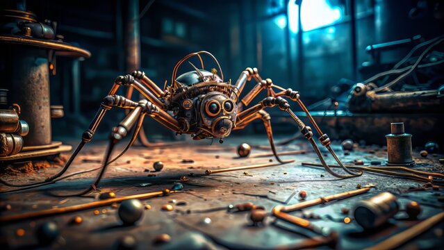 macro shot of miniature robotic spider with intricate gadgetry and copper wiring in a dark and mysterious abandoned factory environment evoking eeriness and exploration