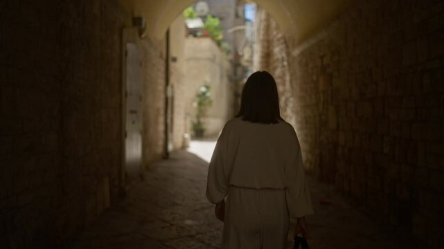 A young hispanic woman walking through the narrow streets of bari in the old town of puglia, italy, surrounded by ancient stone walls, capturing the essence of european city life.