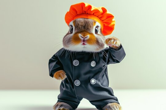 A delightful bunny chef showcases culinary flair in a charming kitchen setting, wearing a vibrant orange hat and black chef's jacket, ready to whip up some delicious dishes
