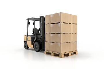 Cardboard boxes on pallet shipping forklift on werehouse on white background.
