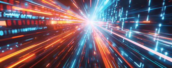 Obraz premium Dynamic light streaks, captured from an aerial perspective, represent fast data transfer in a digital world backdrop.