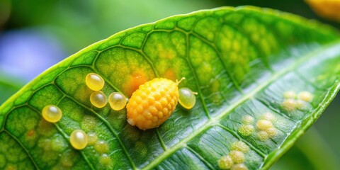 Close-up image of Planococcus citri pest on citrus plant leaves , pest, Planococcus citri, citrus plant, leaves