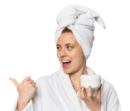 Young Caucasian redhead presenting cream points with thumb finger away, laughing and carefree.