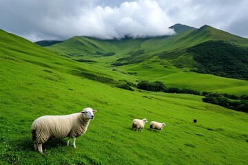 Obraz premium A serene image of sheep grazing on a lush, green hillside, with a shepherd and sheepdog watching over them in the distance