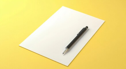  a Blank White Sheet of Paper with a Pen on Yellow Background