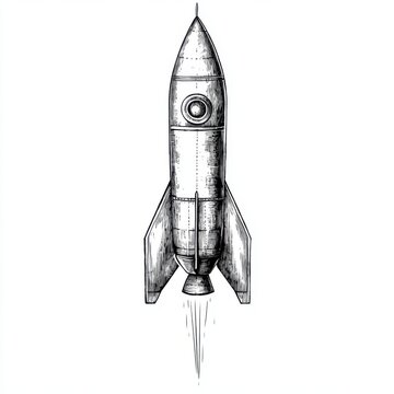 recommend clip art: Black and white Vintage engraved art of a modern rocket ship, isolated on white background, ink sketch illustration, simple vector art design, highly detailed line art, high contrasty 