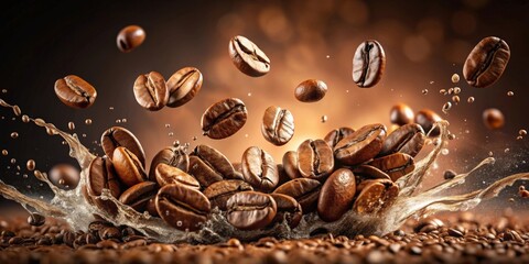 Fototapeta premium Dynamic coffee bean explosion splash on background, coffee, beans, explosion, splash, dynamic,background, beverage, drink, energy