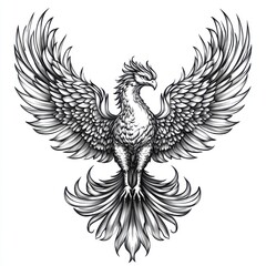 Obraz premium Black and white Vintage engraved art of a phoenix with outstretched wings, isolated on white background, ink sketch illustration, simple vector art design, highly detailed line art
