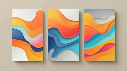 A set of modern abstract covers with minimal geometric shapes in a vibrant color palette
