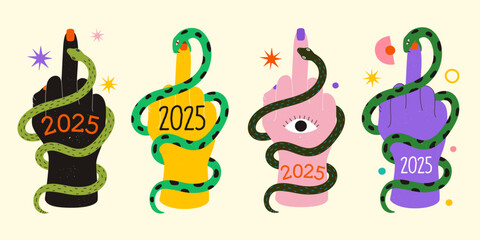 Vector illustration set with New Year 2025 symbol, green snakes and hands with middle finger up. Rock tattoo apparel style print design, celebration poster, greeting card