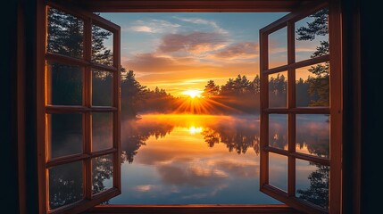 Obraz premium Bright sunlit view through an open window, serene lake landscape at golden hour, vibrant orange and pink sky, silhouetted pine trees, perfect reflection on calm water.
