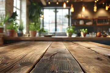 An empty wooden table with a blurred kitchen bench background. Generative AI