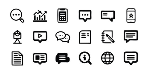 Set of web icons in line style, including magnifying glass, graph, phone, chat bubbles, document, play button, notebook, and globe.