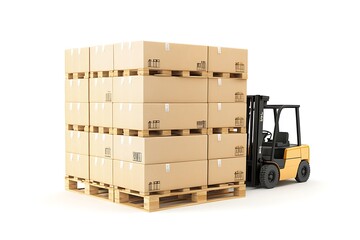 Cardboard boxes on pallet shipping forklift on werehouse on white background.
