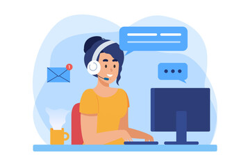 Customer service. Woman with headphones and microphone with laptop. Concept illustration for support, call center.